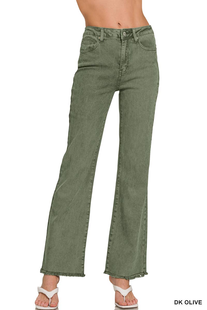 Zenana Everyday Frayed Jeans- Olive