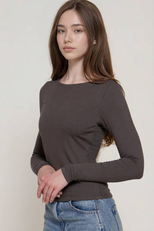 The Basic Double Layer Ribbed Tee- Mink